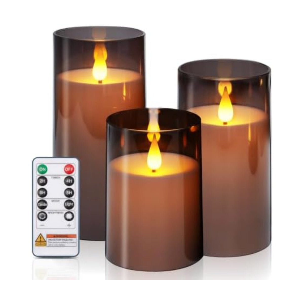 Homemory Gray Flameless Candles, Battery Operated Acrylic LED Pillar Candles with Remote Timer, Realistic Flickering Fake Candles for Home Decor, Wedding, Party, Halloween Decorations, Set of 3