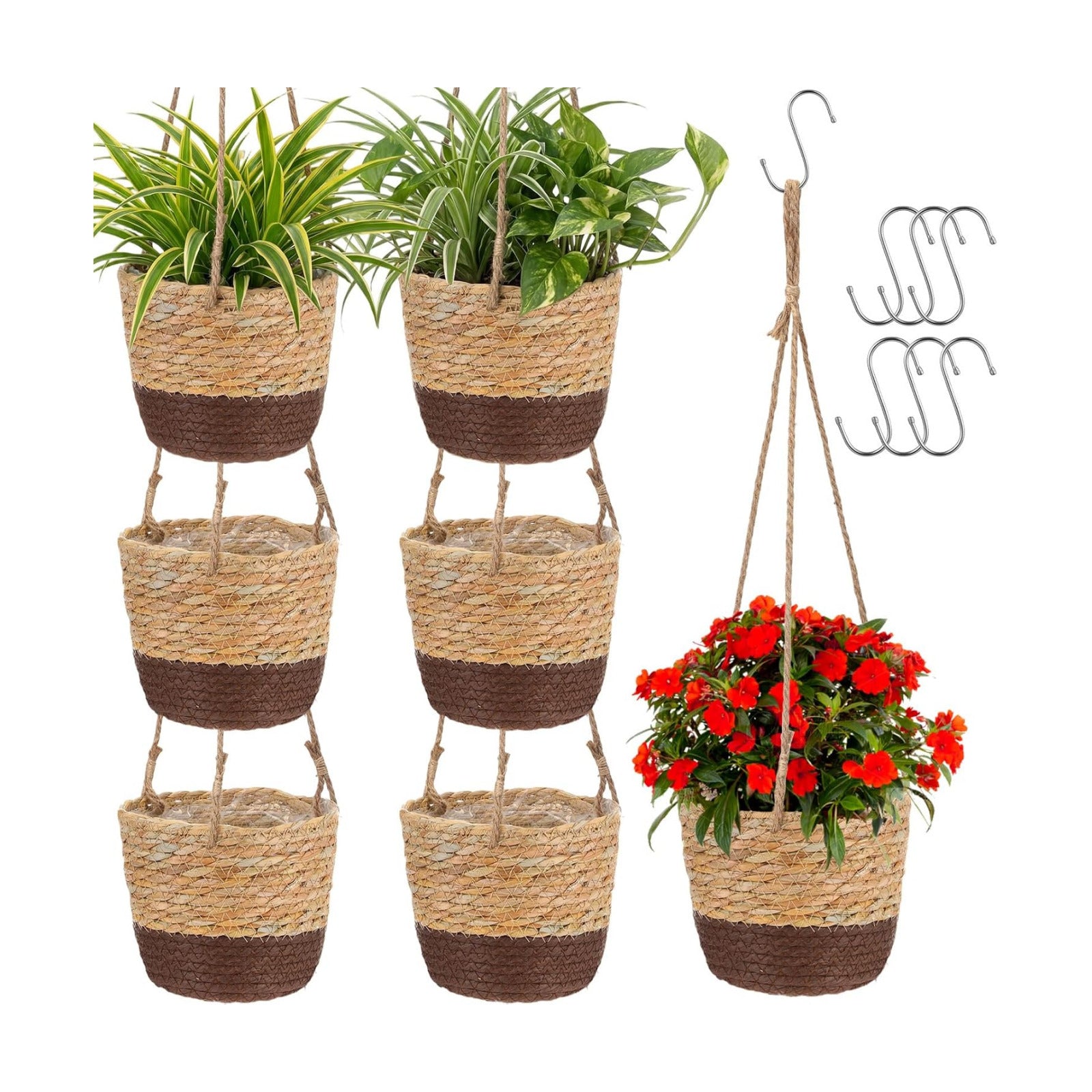 Seagrass Hanging Planter Basket Hand Woven Plant Basket / Brown, Coffee Brown / Small / Set of 6