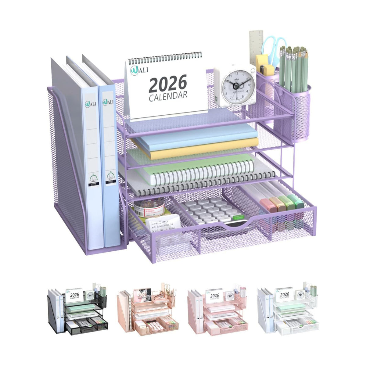 WALI Desk File Organizer, 4 Tier Desktop Paper Letter Tray Organizer with Drawer and 2 Pen Holders, Office Desk