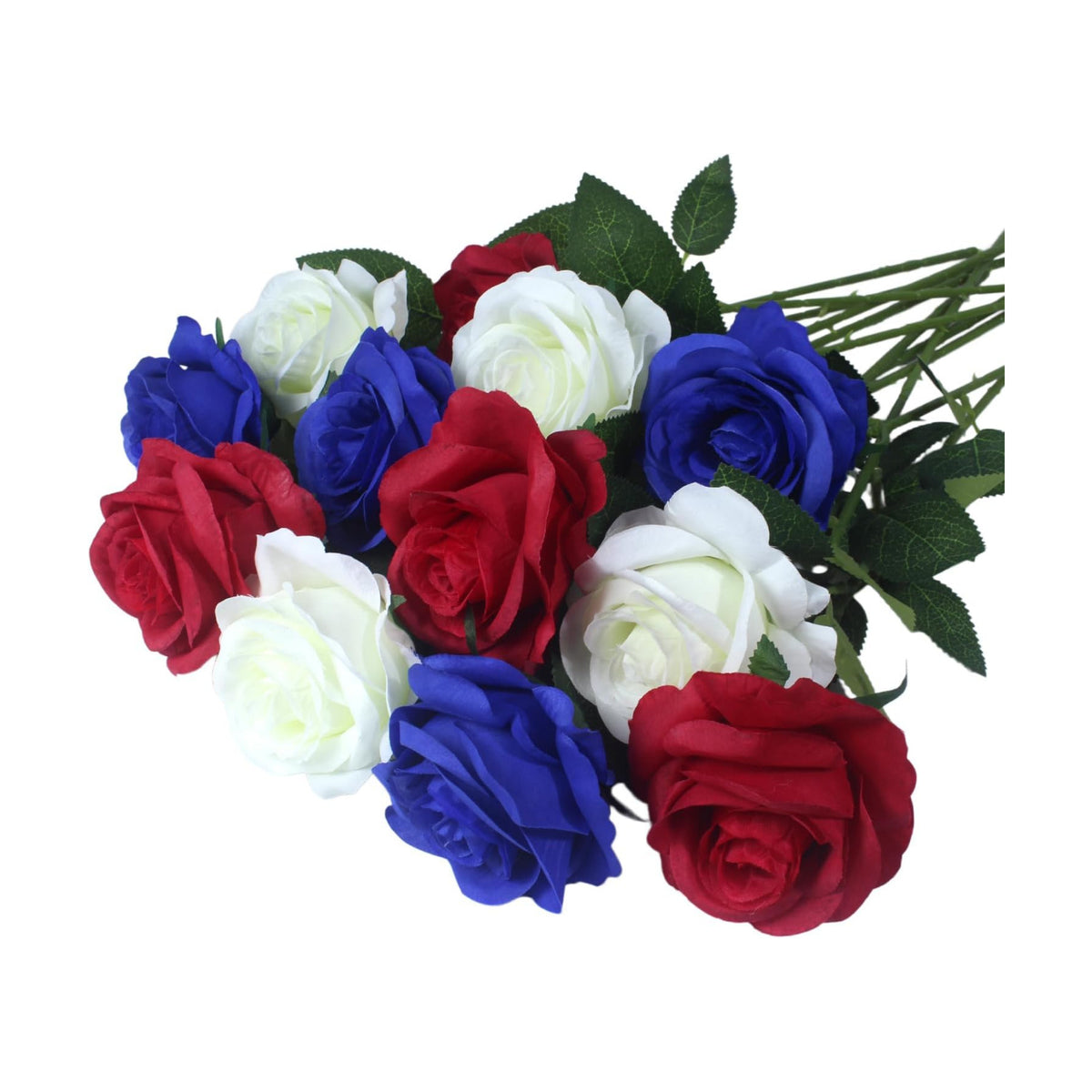 Artificial Roses Flowers, 12 Pcs Red White Blue Patriotic Long Stem Realistic Silk Roses Bouquet for 4th of July, Memorial Day Decoration (Red, White, Blue, 12-PCS)