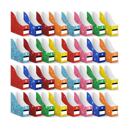 32 Pcs Cardboard Magazine File Holders Organizer, Solid, Glitter | Foldable Magazine Boxes with Label Stickers, 8