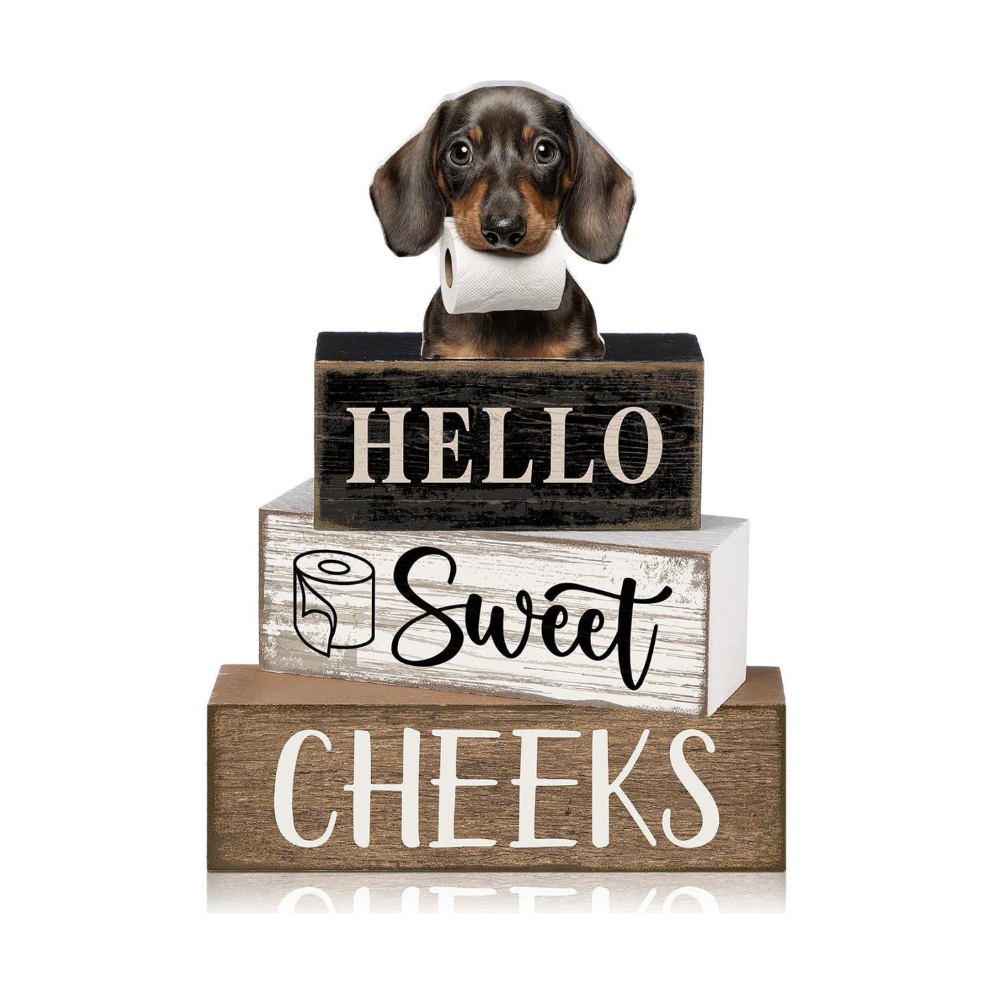 Moucuny 4 Pcs Farmhouse Dachshund Bathroom Decor, Hello Sweet Cheeks, Wood