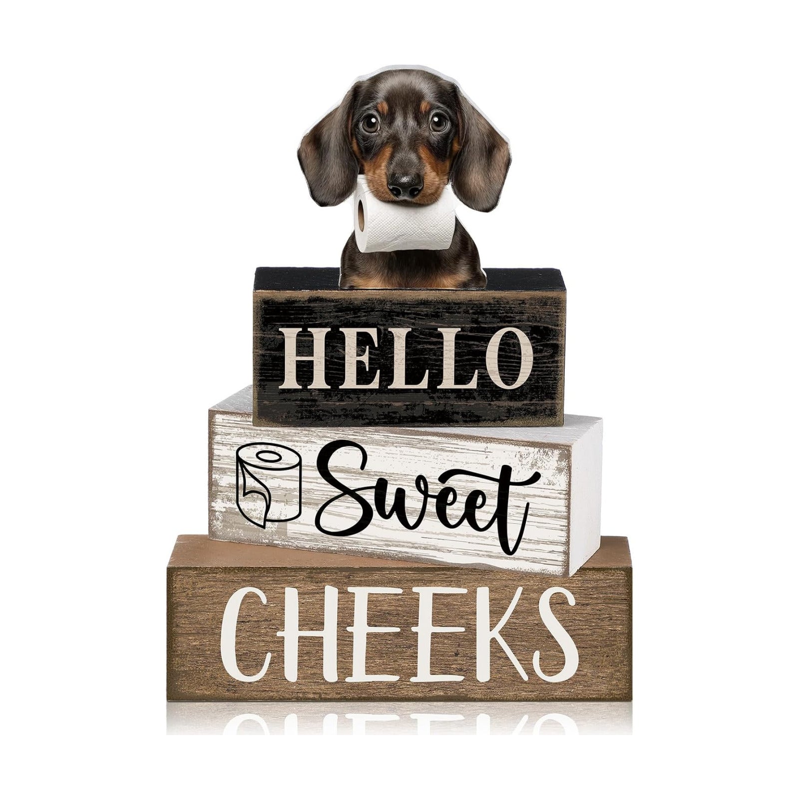 Moucuny 4 Pcs Farmhouse Dachshund Bathroom Decor, Hello Sweet Cheeks, Wood