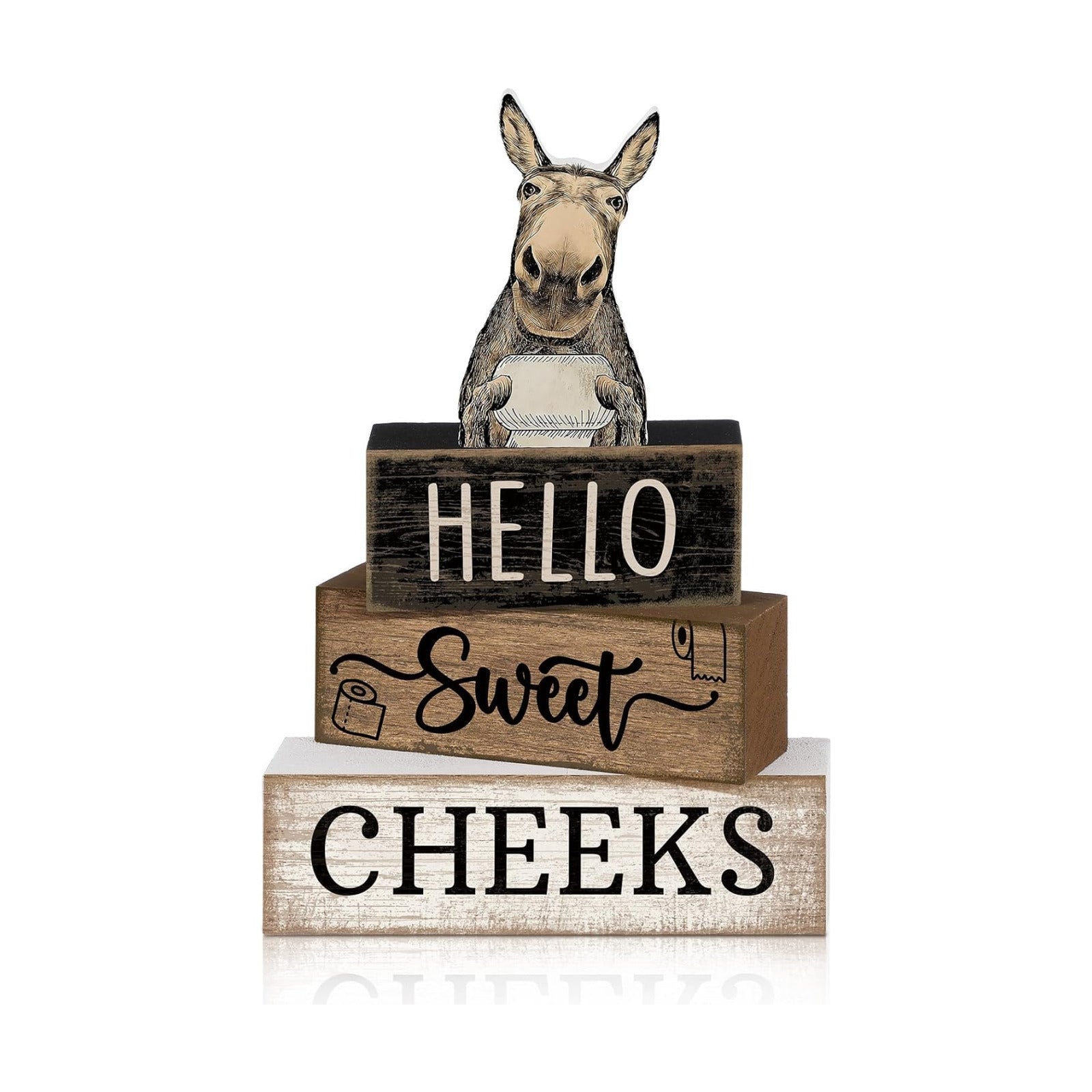Moucuny 4 Pcs Hello Sweet Cheeks Bathroom Decor Wooden Signs Donkey