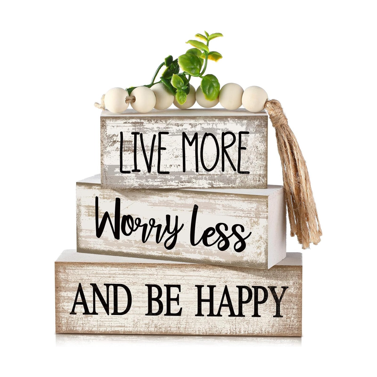 Moucuny 4 Pcs Inspirational Farmhouse Table Decor Rustic Stacked Wooden Block Sign - Live More Worry Less Be Happy