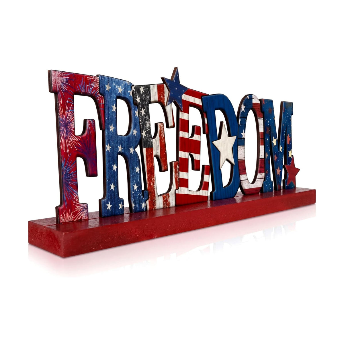 Cinnvoice Memorial Day Table Decoration Patriotic 4th of July Centerpiece Farmhouse Metal Freedom Star Red White and Blue Letter Tiered Tray Decorations with Wooden Base for Holiday Kitchen Home