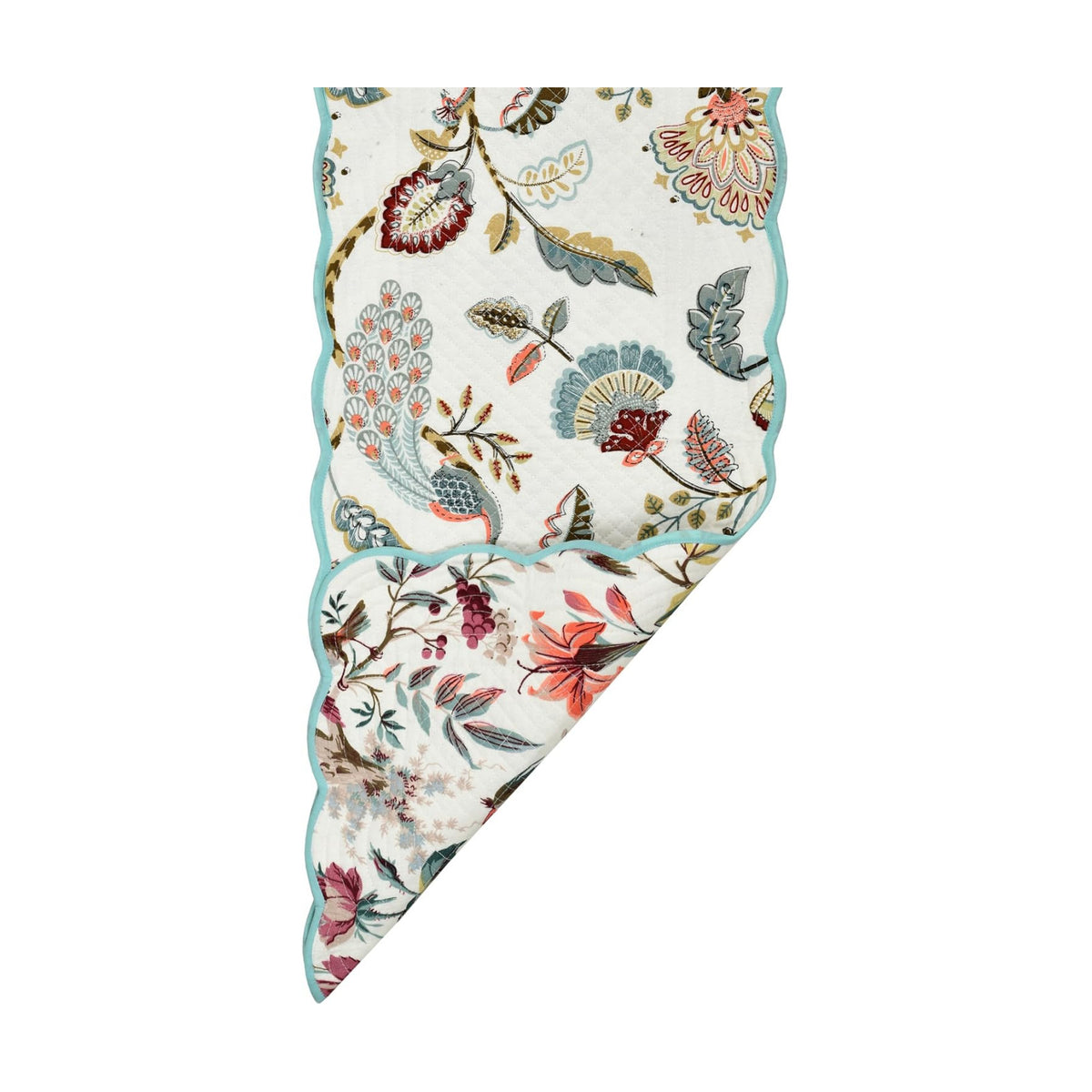Aqua Feather- Bloom Collection Luxury Handcrafted Runner (Reversible) Cotton Quilted Fabric Machine Washable – Elegant
