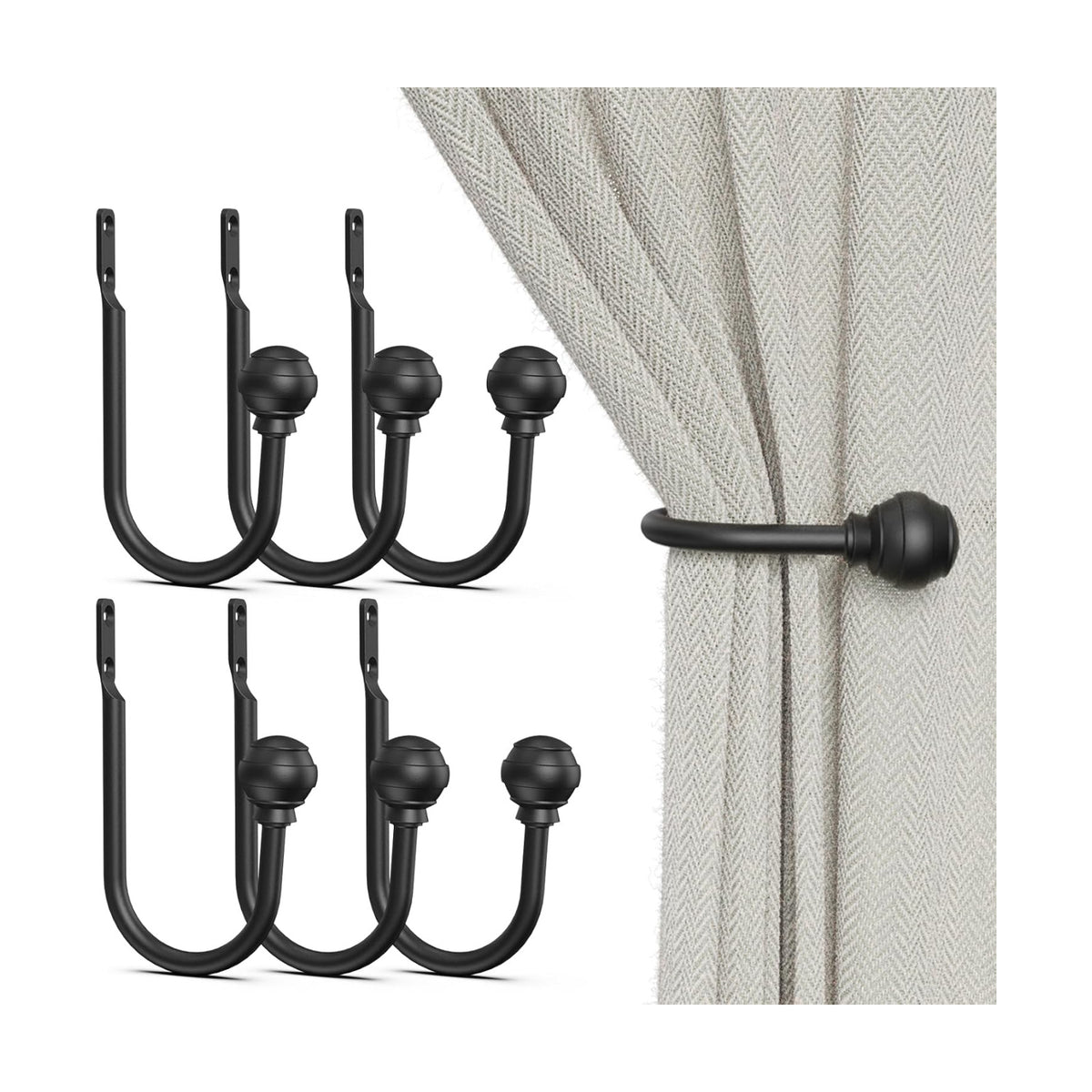 Hion Curtain Holdbacks Black 6pcs, Curtain Tiebacks Wall Mounted Hooks | Curtain Holders for Drapes, One-Piece Metal