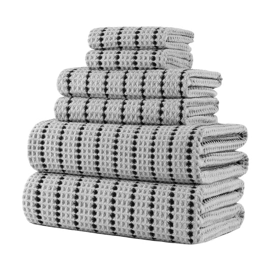 POLYTE 430 GSM Poly Blend Microfiber Quick Dry Waffle Bath Towel Set of 6 | 2-Body Towels, 2-Hand Towels, 2-Wash