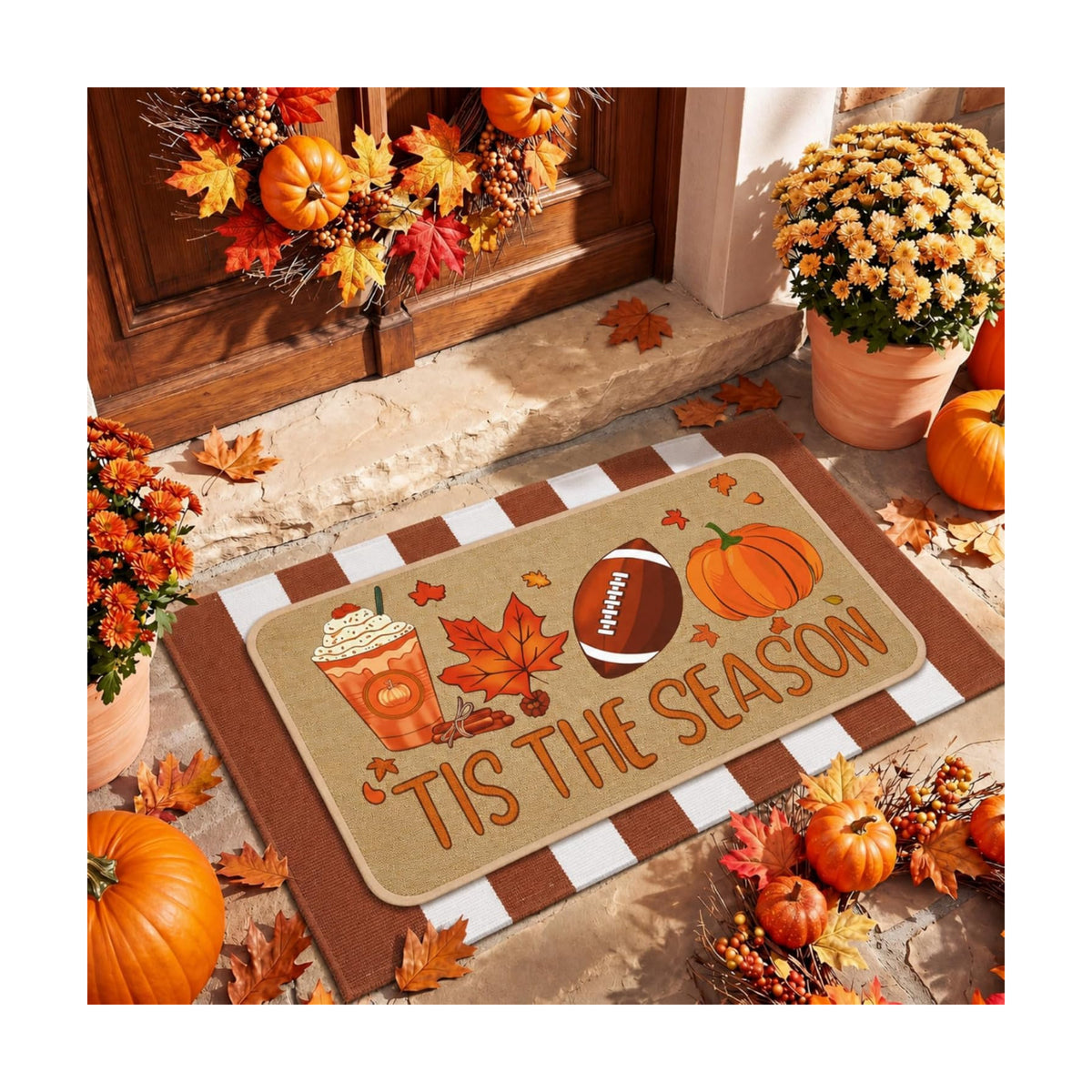 Tinideya 2 Pcs Fall Football Door Mat Outdoor Autumn Pumpkin Welcome Mat