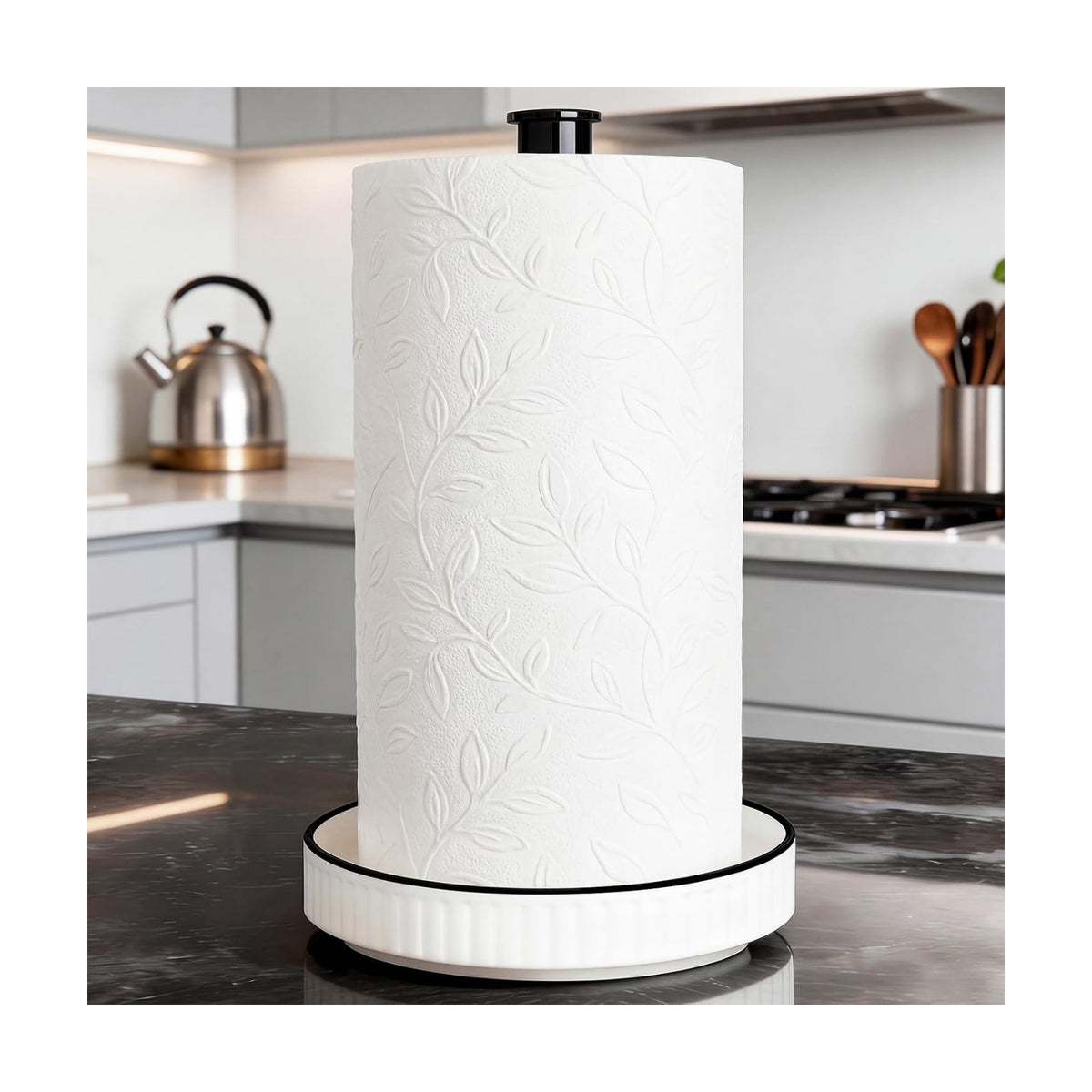 Paper Towel Holder, Ceramic Heavy Plate Base Wobble-Free, Roll Stand-Wh-bk | Effortless Cleaning and Easy to Assemble