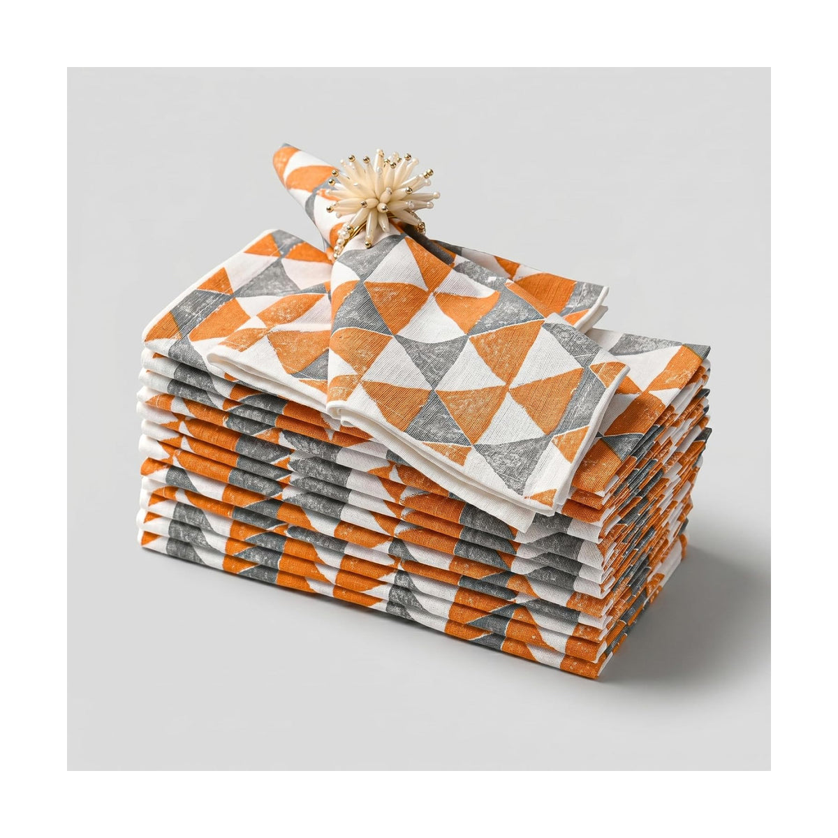 FINGERCRAFT Cloth Napkins Set of 12 Cotton Linen, 20x20 in, Terracotta Geo | Mitered corner, washable, soft, absorbent