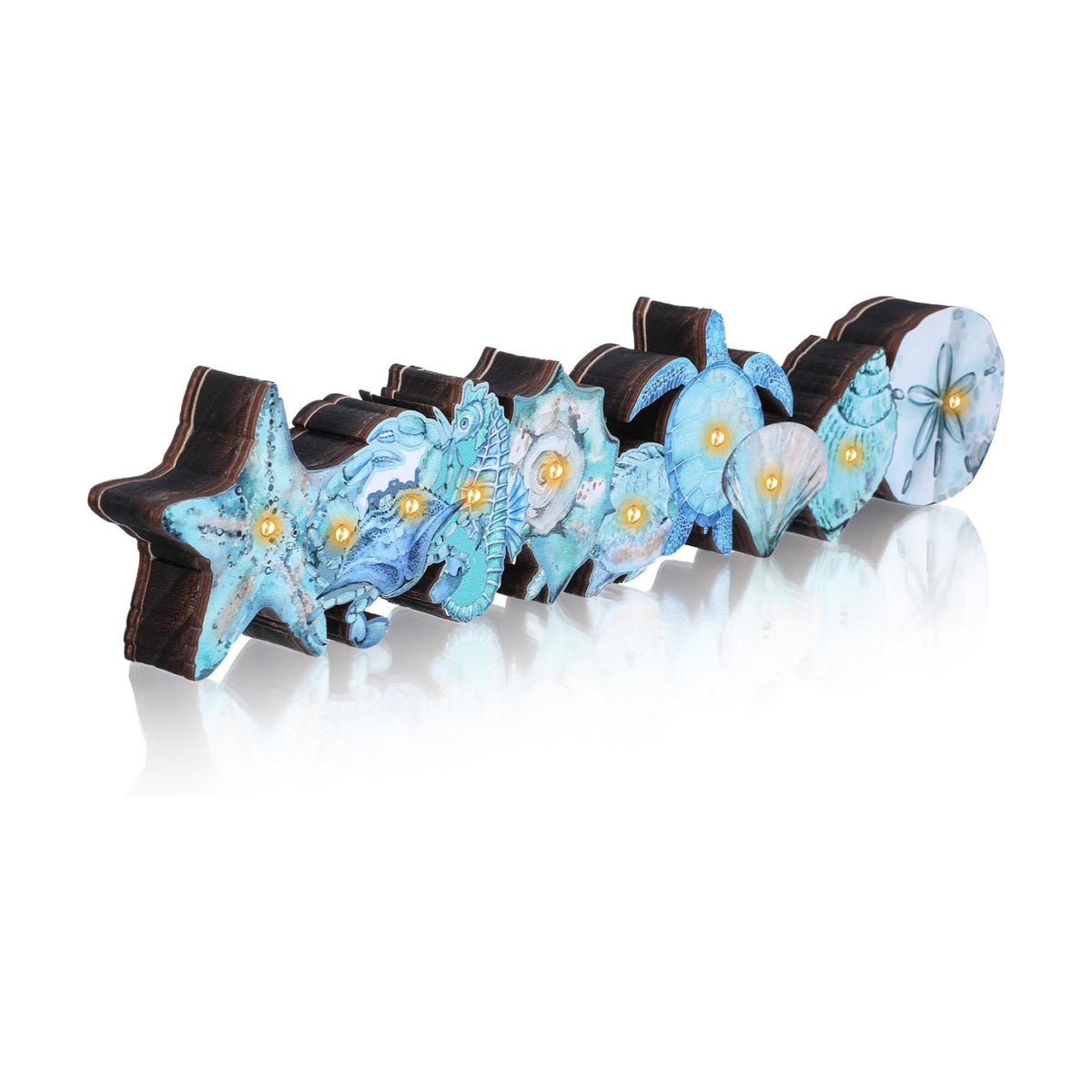 Yousoontic Summer Ocean Table Decorations with LED Lights, 3D Coastal Wooden Centerpieces for Tables, Nautical Starfish Turtles Beach Table Decor for Home Mantel Desk, Summer Party Decorations