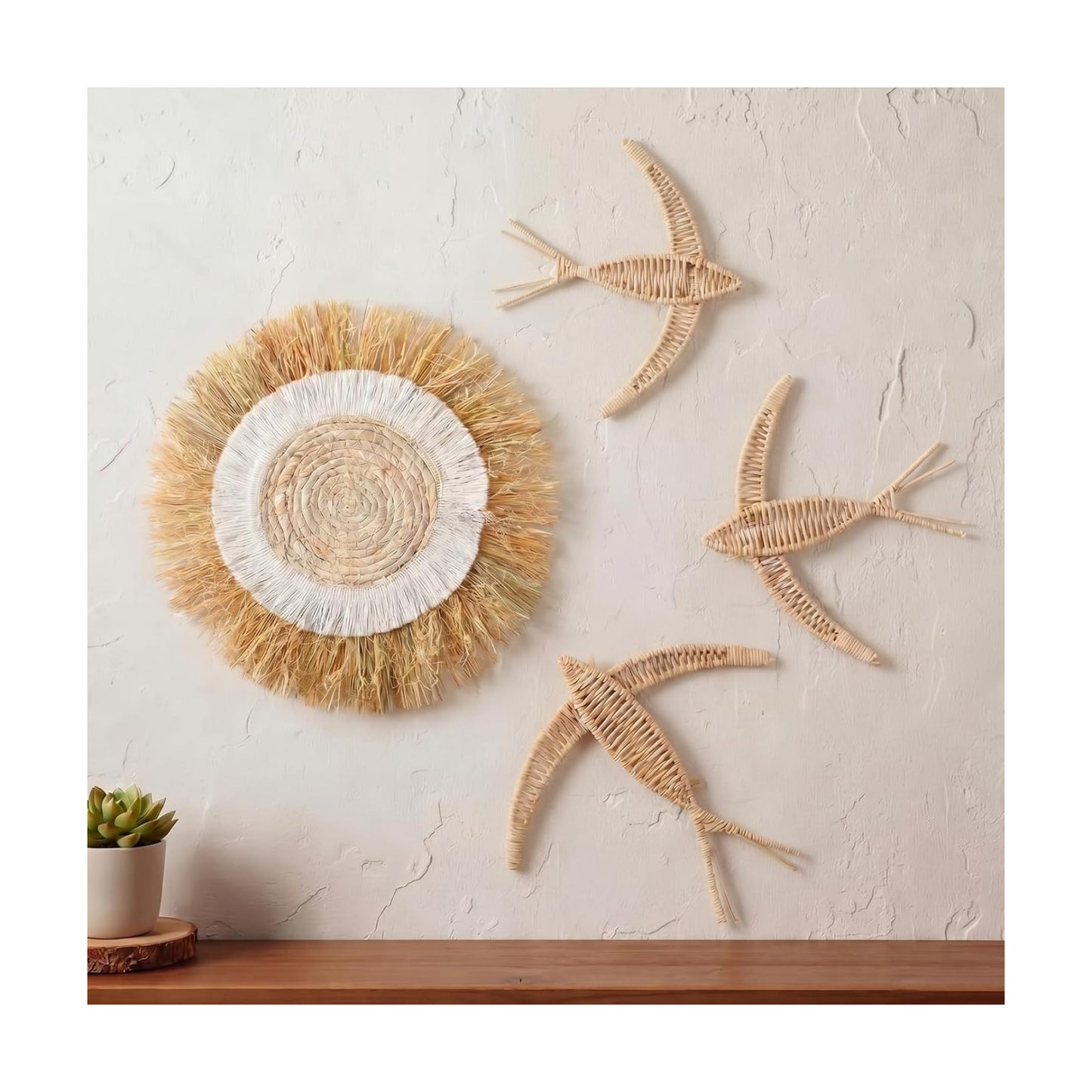 Boho Wall Basket Decor Bohemia Woven Wicker Bird and Raffia Sun Jute Decor Boho Handmade / Set of 4