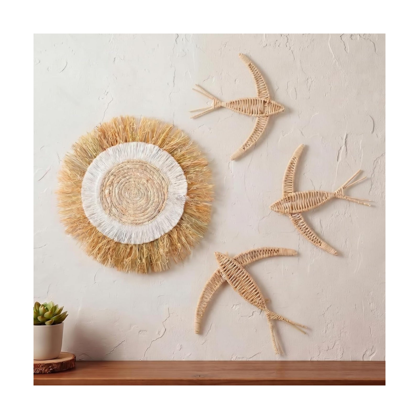 Boho Wall Basket Decor Bohemia Woven Wicker Bird and Raffia Sun Jute Decor Boho Handmade / Set of 4