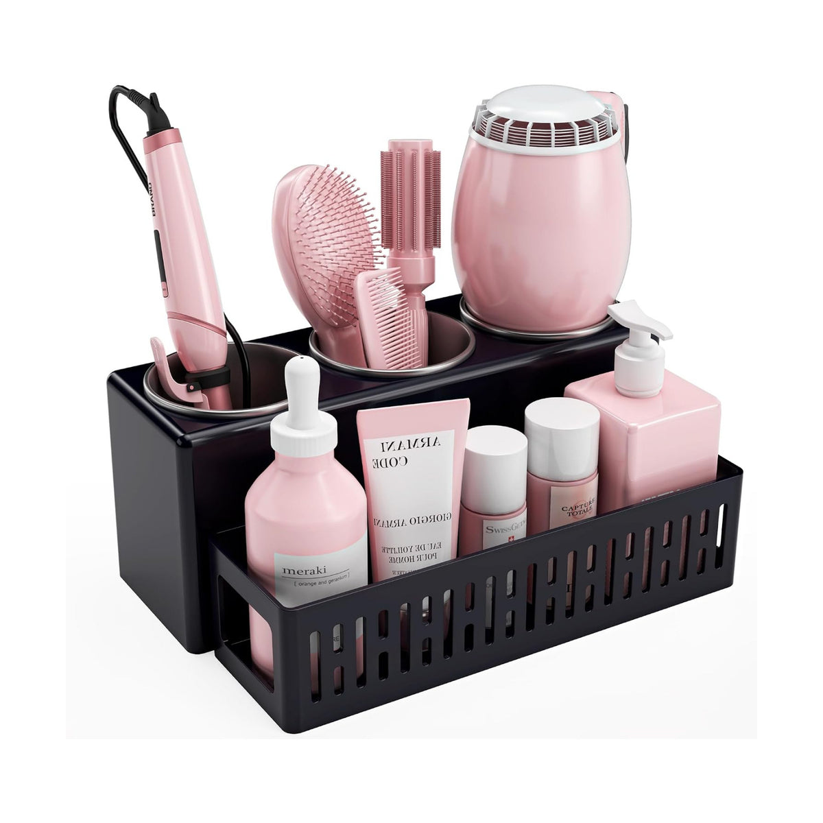 Hair Tool Organizer, Detachable Hair Dryer Holder with 3 Stainless Steel Cups, Wall Mounted Bathroom Organizers and