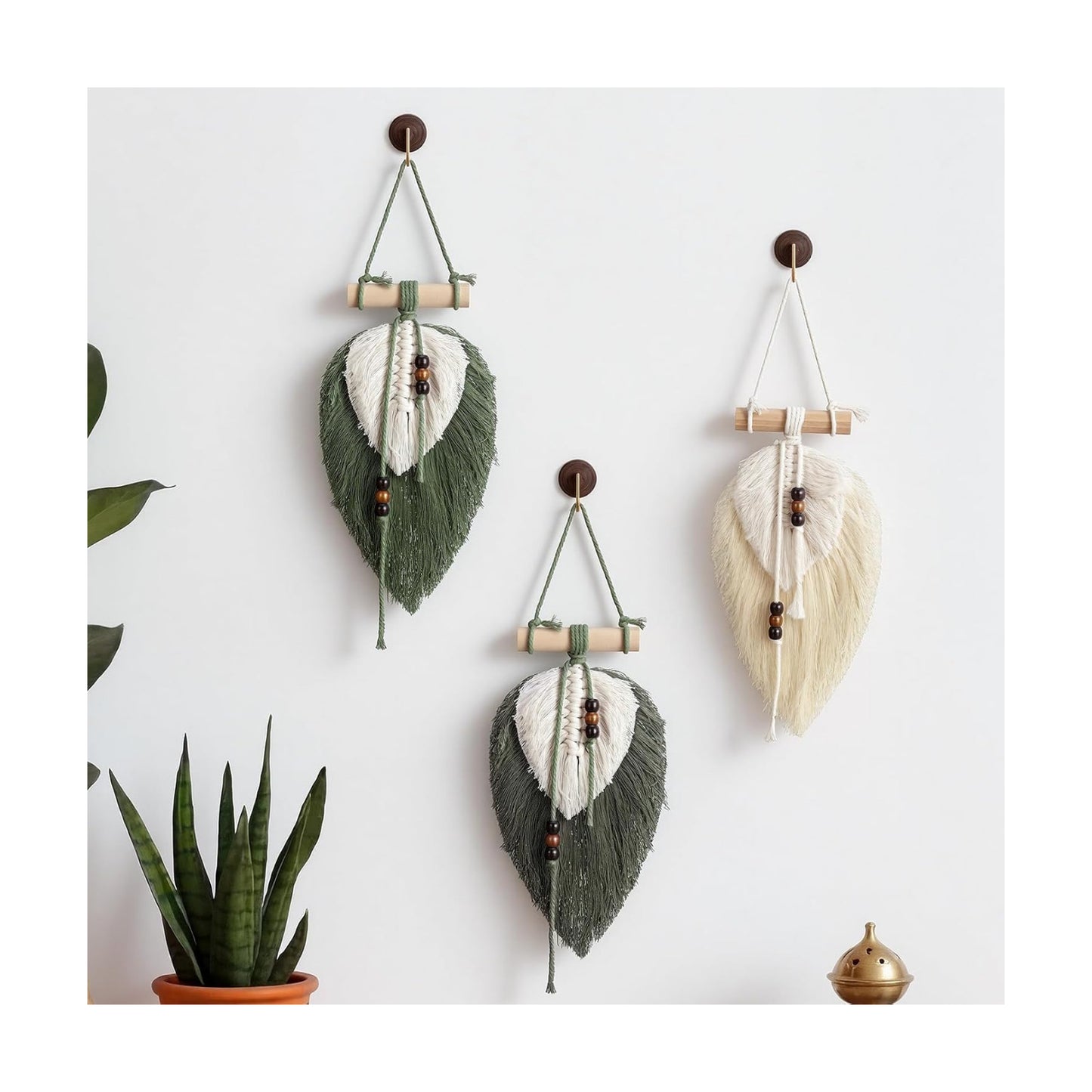 Macrame Wall Hanging Boho Woven Tapestry Handmade Home Decor Wooden / Leaf / Sage Green / Set of 3