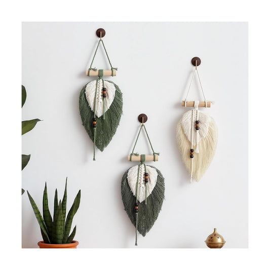 Macrame Wall Hanging Boho Woven Tapestry Handmade Home Decor Wooden / Leaf / Sage Green / Set of 3
