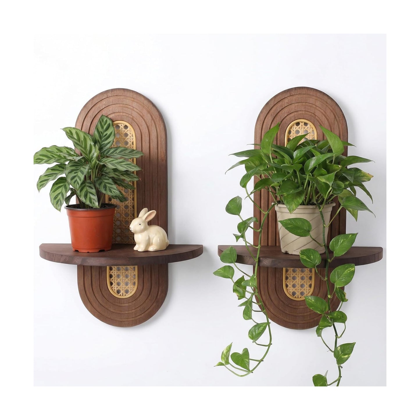 Floating Shelves / Mid-Century Modern Wooden Shelves Boho Rattan Plant / Set of 2