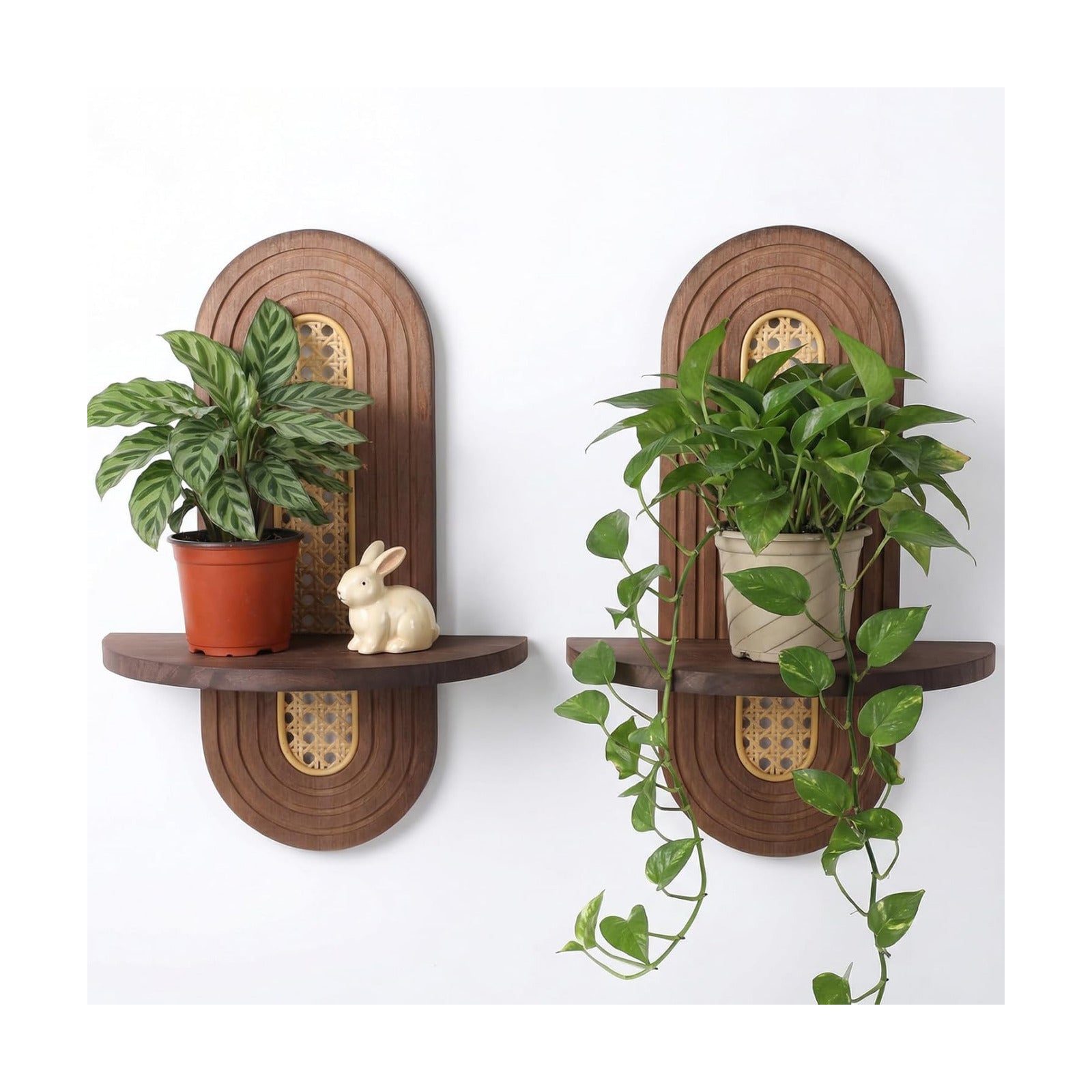Floating Shelves / Mid-Century Modern Wooden Shelves Boho Rattan Plant / Set of 2