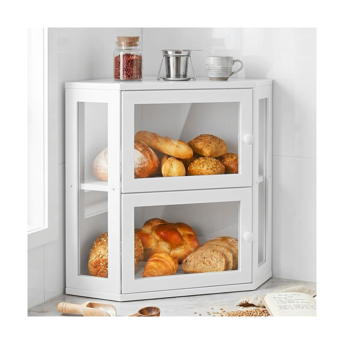 Corner Bread Box for Kitchen Countertop,Large Bread box,White | 2 Tier Bamboo Wood Corner Bread Box for Homemade Bread