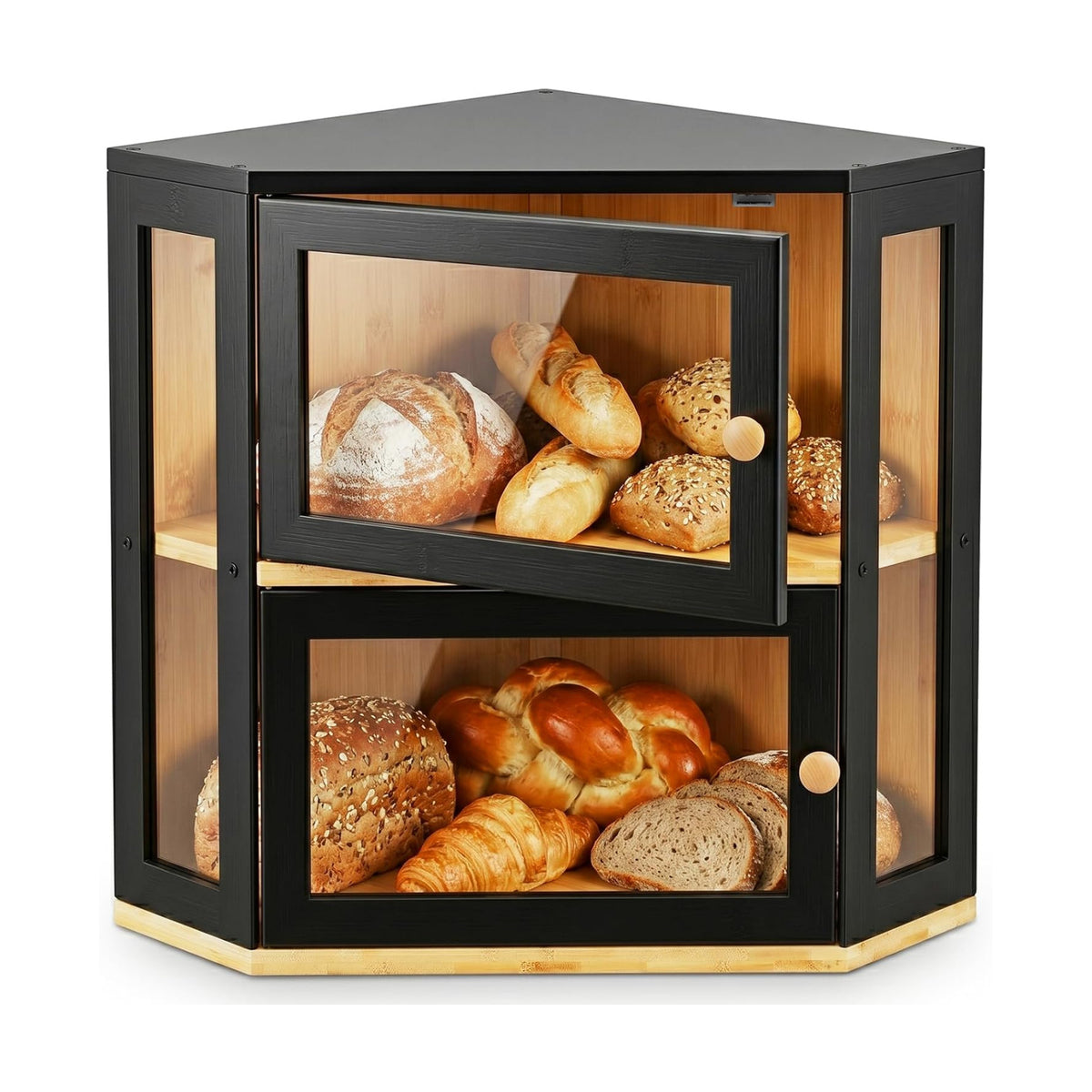 Black Corner Bread Box for Kitchen Countertop,Large Bread box | 2 Tier Bamboo Wood Corner Bread Box for Homemade Bread