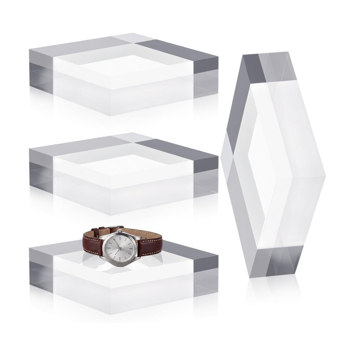 Qunclay 4 Pcs 6 x 6 x 2 Inches Acrylic Square Display Block Clear Polished Acrylic Cubes Jewelry Display Stand for
