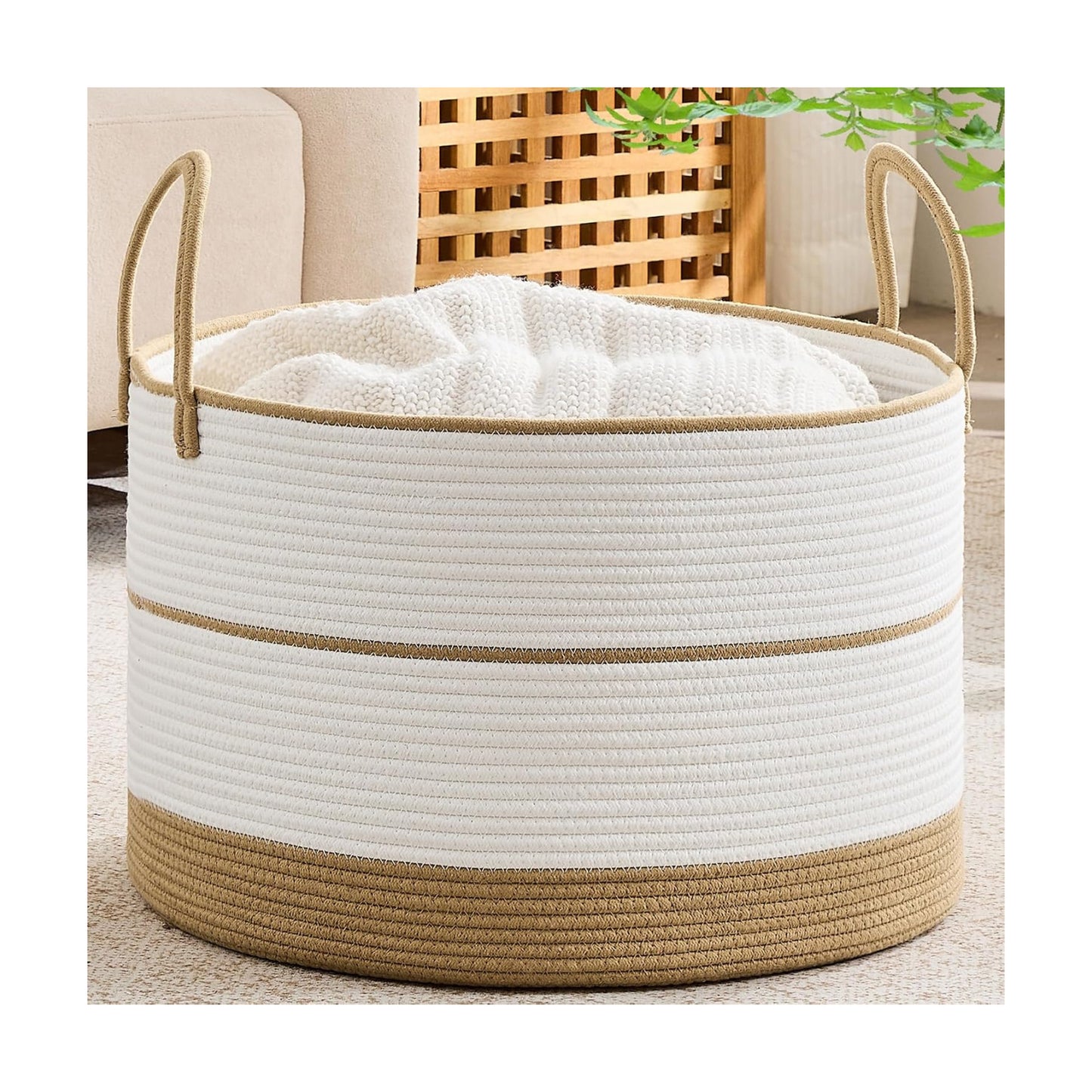 KAKAMAY Large Blanket Basket with Handles, Storage Basket for Living Room