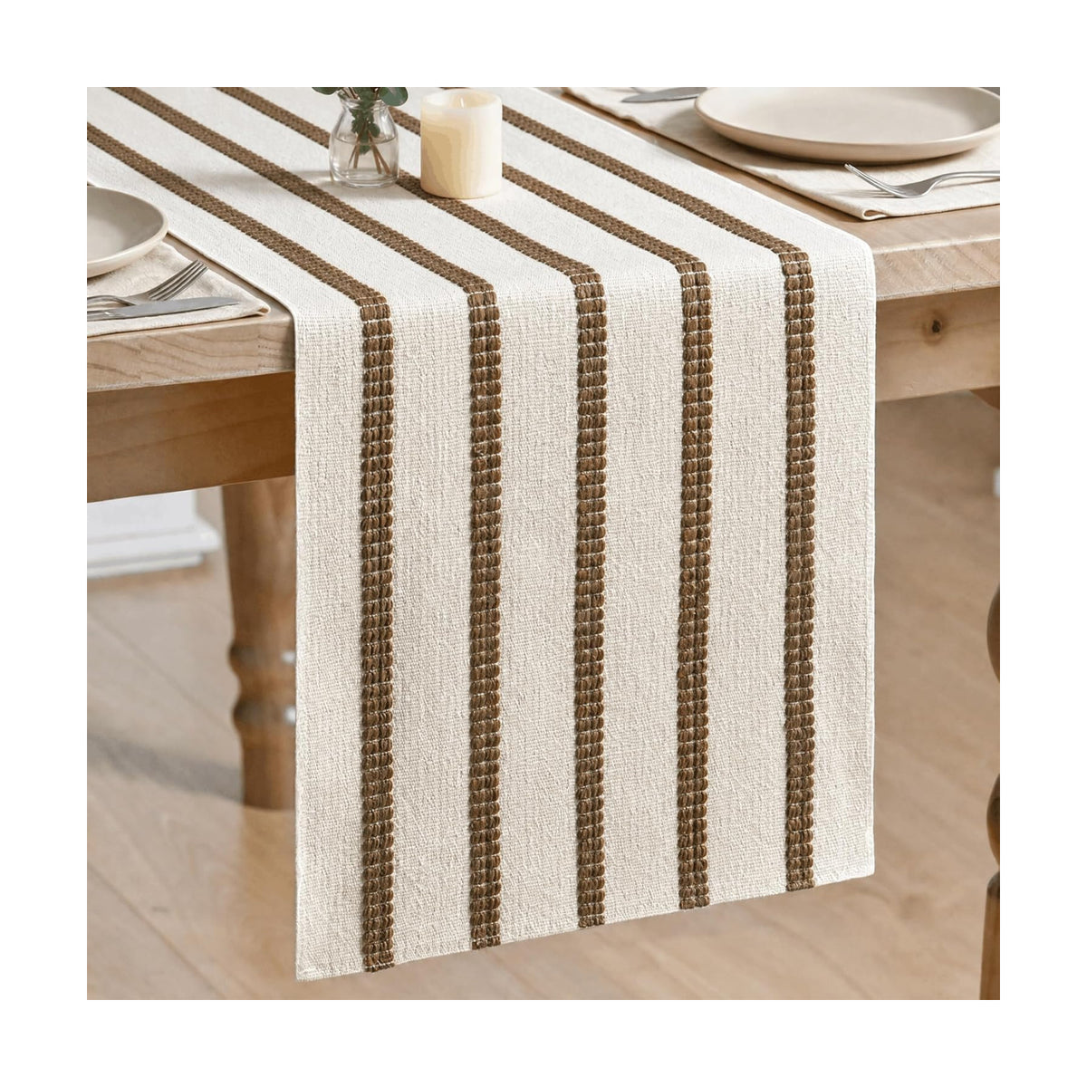 Artoid Mode Light Coffee Farmhouse Woven Stripe Table Runner, Seasonal Holiday Boho Rustic Kitchen Dining Table Decoration for Home Party Decor 12x72 Inch