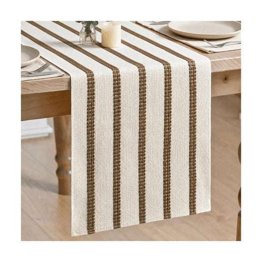 Artoid Mode Light Coffee Farmhouse Woven Stripe Table Runner, Seasonal Holiday Boho Rustic Kitchen Dining Table Decoration for Home Party Decor 12x72 Inch