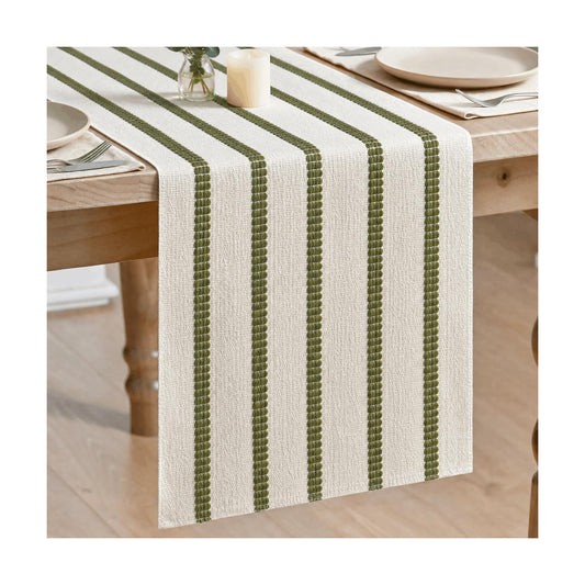 Artoid Mode Army Green Farmhouse Woven Stripe Table Runner, Seasonal Holiday Boho Rustic Kitchen Dining Table Decoration for Home Party Decor 12x72 Inch