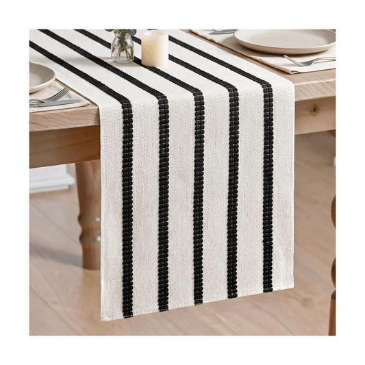 Artoid Mode Black Farmhouse Woven Stripe Table Runner, Seasonal Holiday Boho Rustic Kitchen Dining Table Decoration for Home Party Decor 12x36 Inch