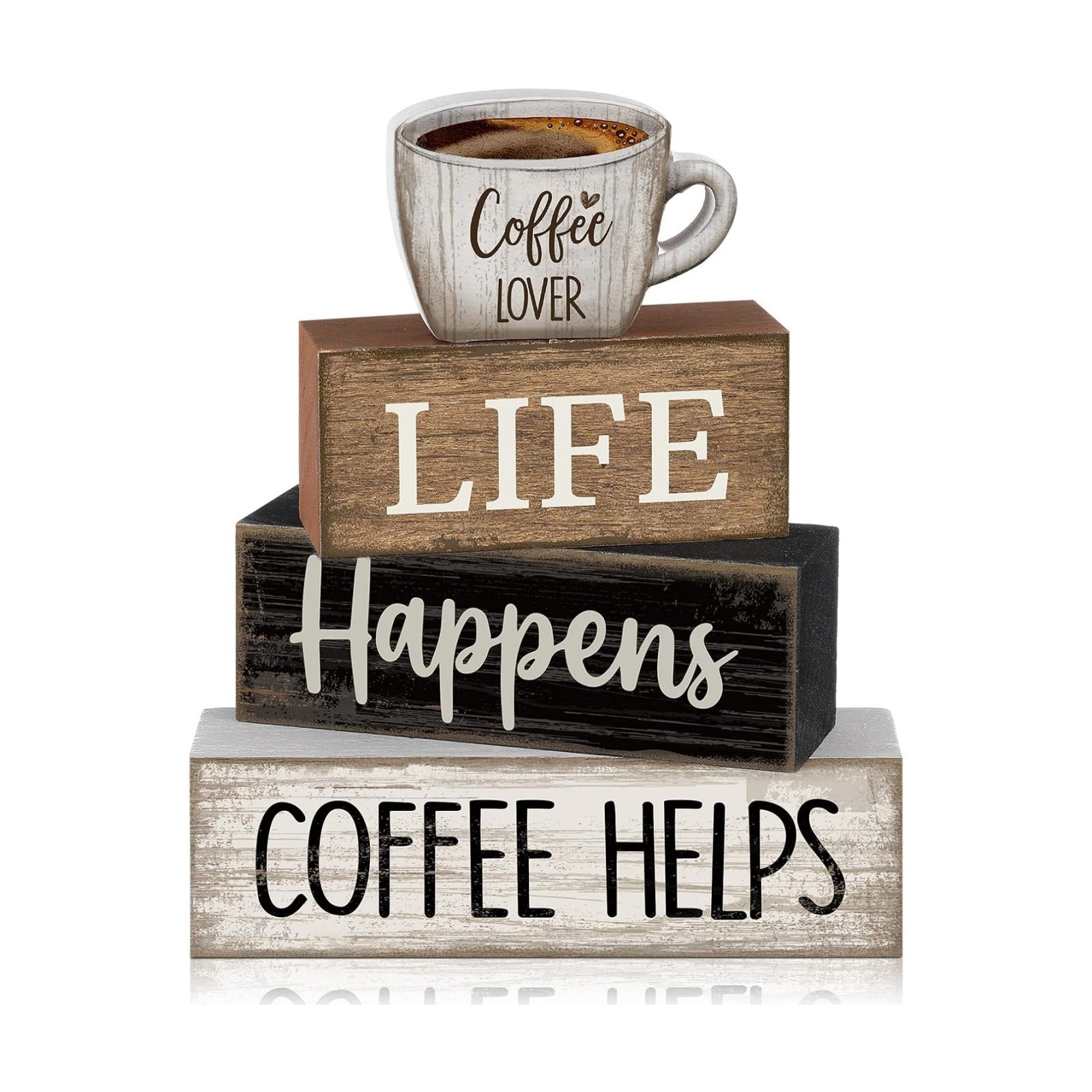 Moucuny 4 Pcs Wooden Coffee Bar Signs Farmhouse Table Decor Blocks