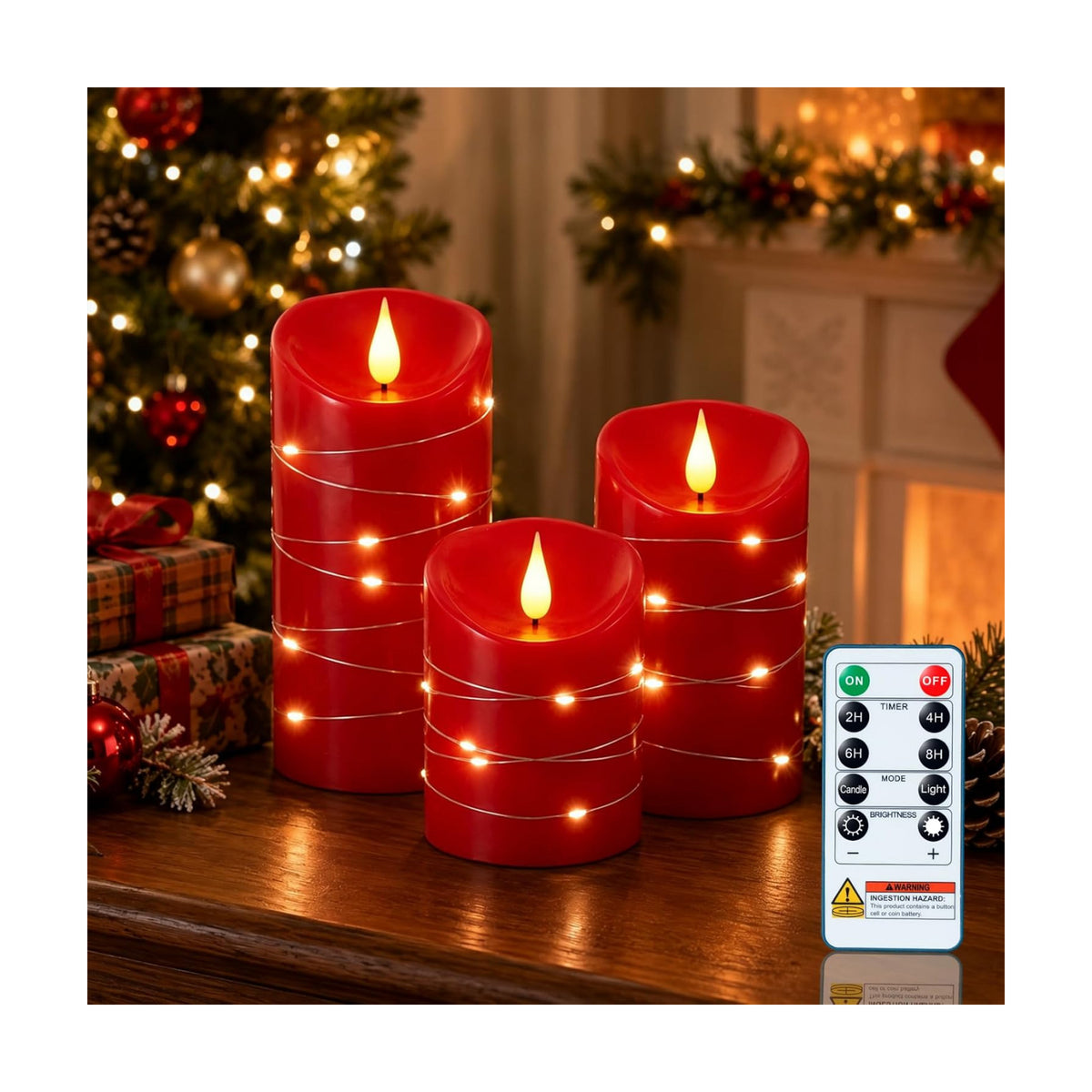 Homemory Red Flameless Candles with String Lights, 3 Pack Real Wax LED Pillar Candles with 3D Wicks, Battery Operated