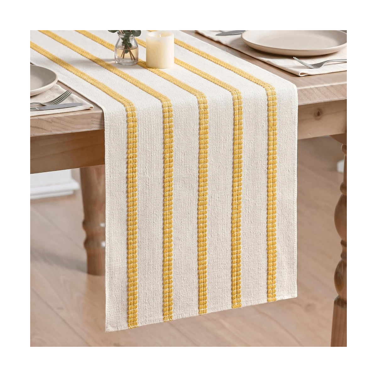 Artoid Mode Yellow Farmhouse Woven Stripe Table Runner, Seasonal Holiday Boho Rustic Kitchen Dining Table Decoration for Home Party Decor 12x72 Inch