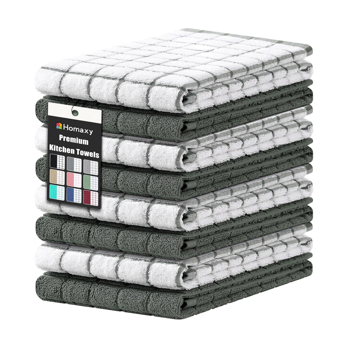 Homaxy Large Premium Cotton Kitchen Towels 16"x 28", 8 Pack, Dark Green | Natural Ring Spun 390 GSM Dish Towels, Super