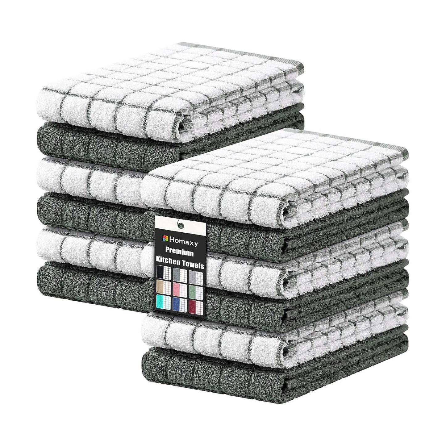 Homaxy Large Premium Cotton Kitchen Towels 16"x 28", 12 Pack, Dark Green | Natural Ring Spun 390 GSM Dish Towels, Super