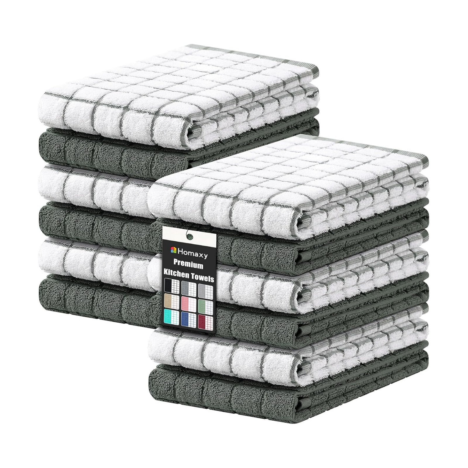 Homaxy Large Premium Cotton Kitchen Towels 16"x 28", 12 Pack, Dark Green | Natural Ring Spun 390 GSM Dish Towels, Super