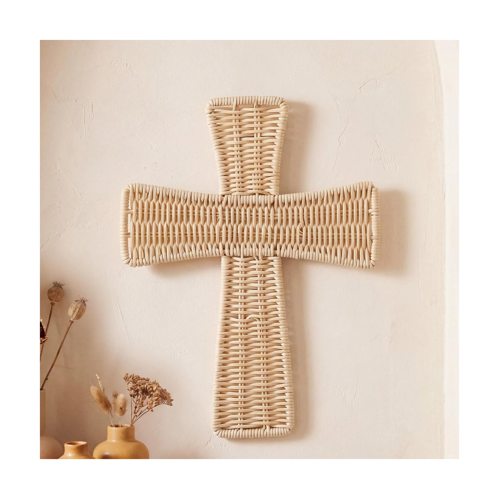 Boho Wicker Wall Decor Handmade Rattan Bohemian Hanging Ornament Rustic / Cross / Natural / 12 Inch