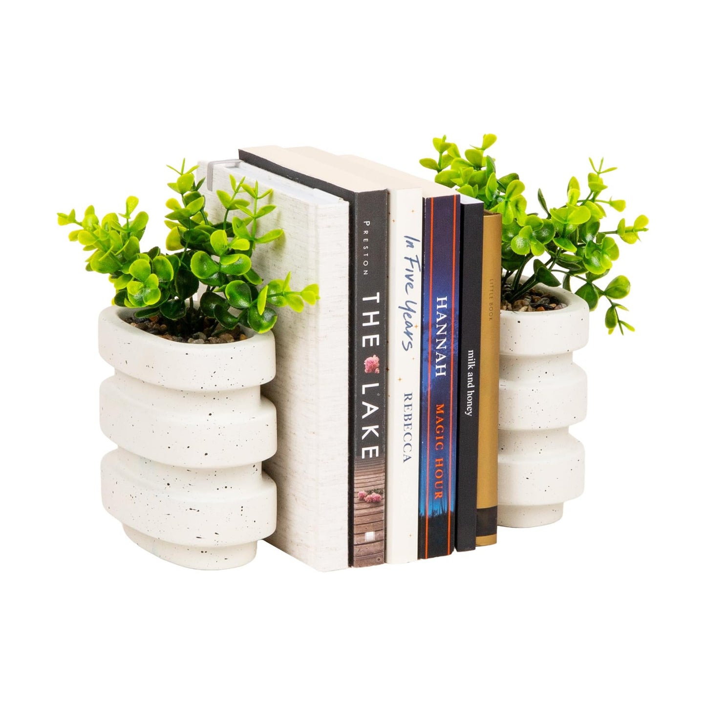 Ribbed Cement Planter Bookends / White Ribbed Cement Bookends / Set of 2