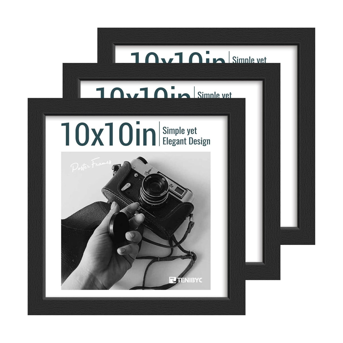 10x10 picture frame 3 Pack, Black Wood, Real Glass, for Photo, Art | Thick HD Tempered Glass, Wall Hanging, Horizontal