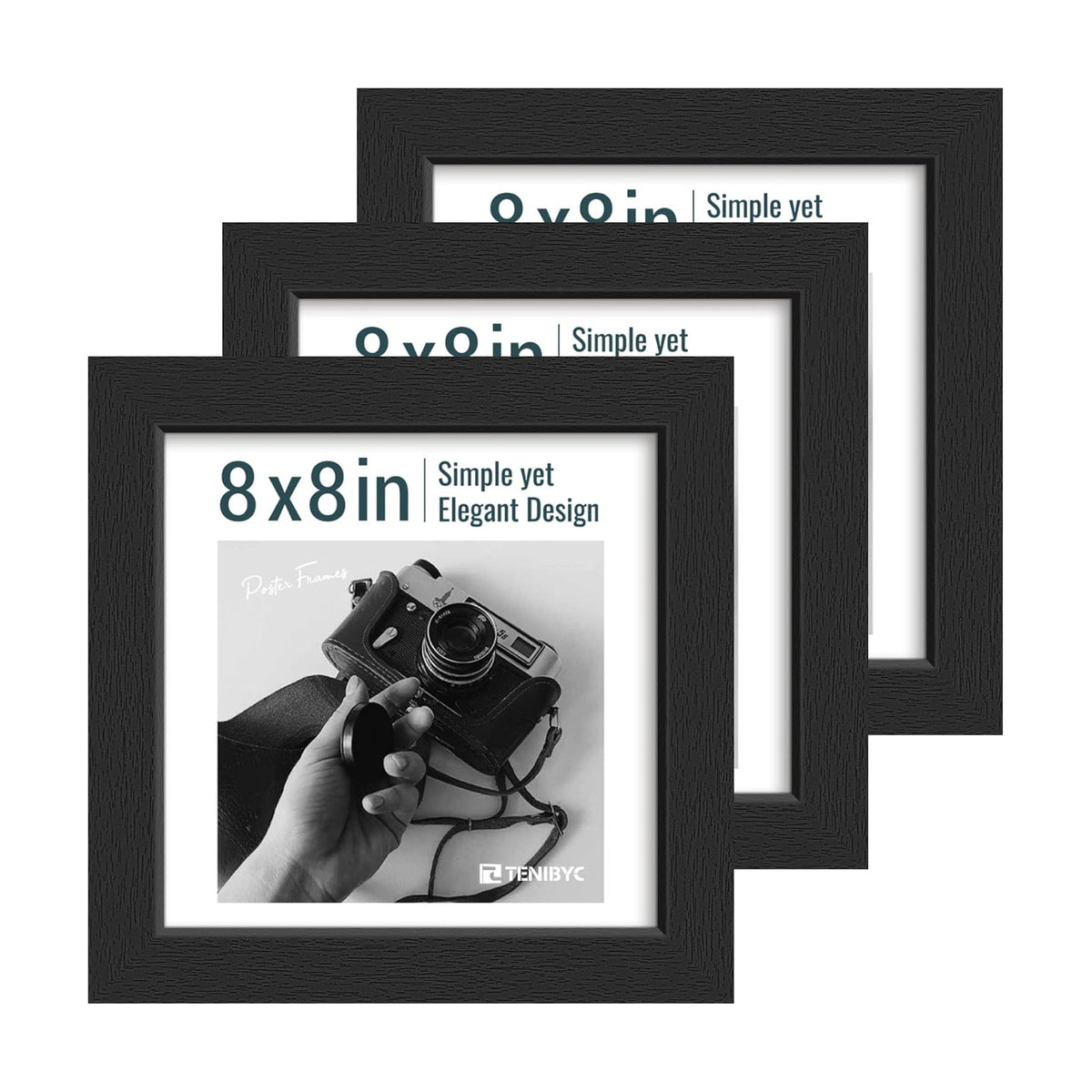 8x8 picture frames 3 Pack, Black Wood, Real Glass, for Photos | Thick HD Tempered Glass, Tabletop or Wall Hanging