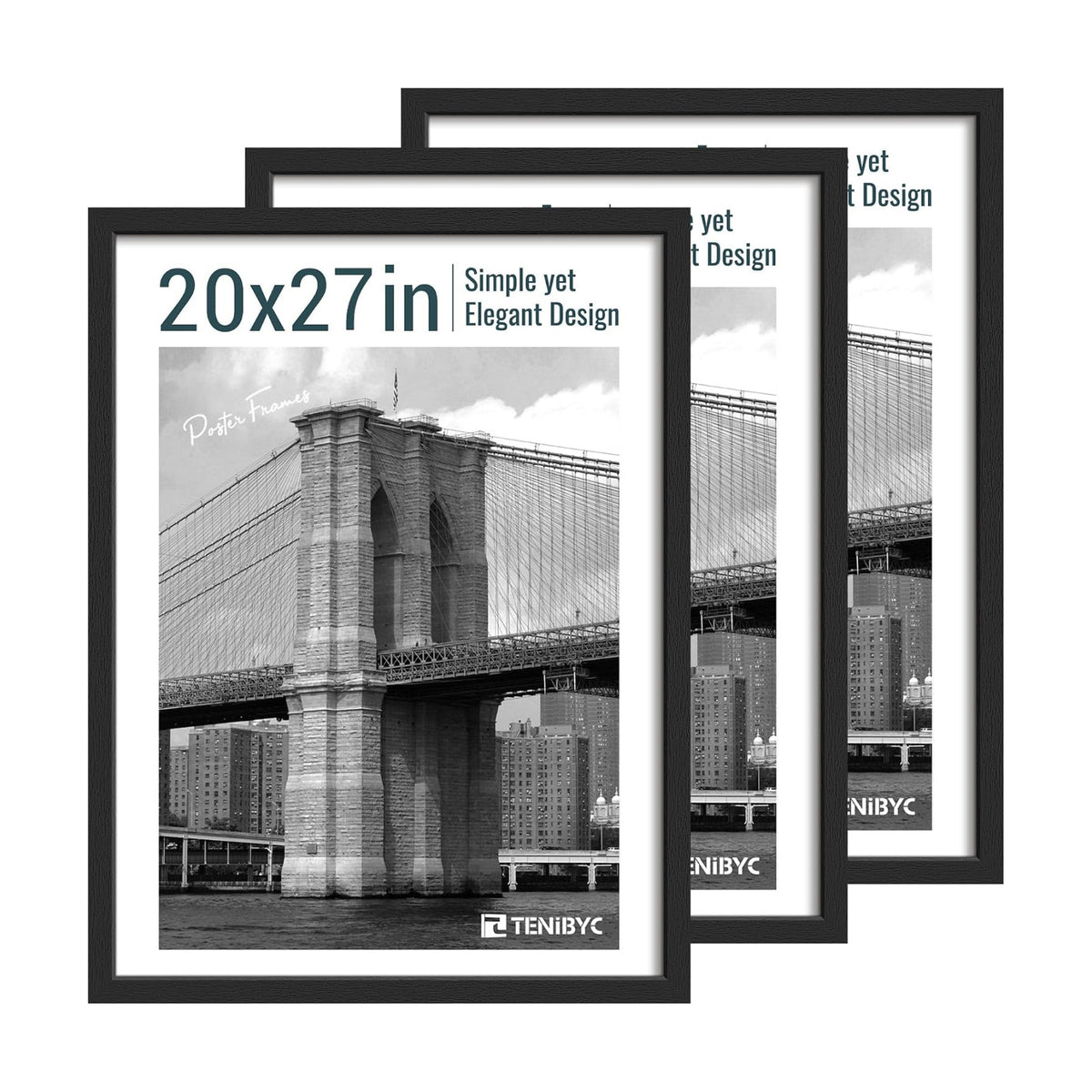 20x27 Picture Frame, Black Wood, 3 Pack, Wall Hanging for Poster | Thick Polished Plexiglass, Artwork Poster Frame Wall