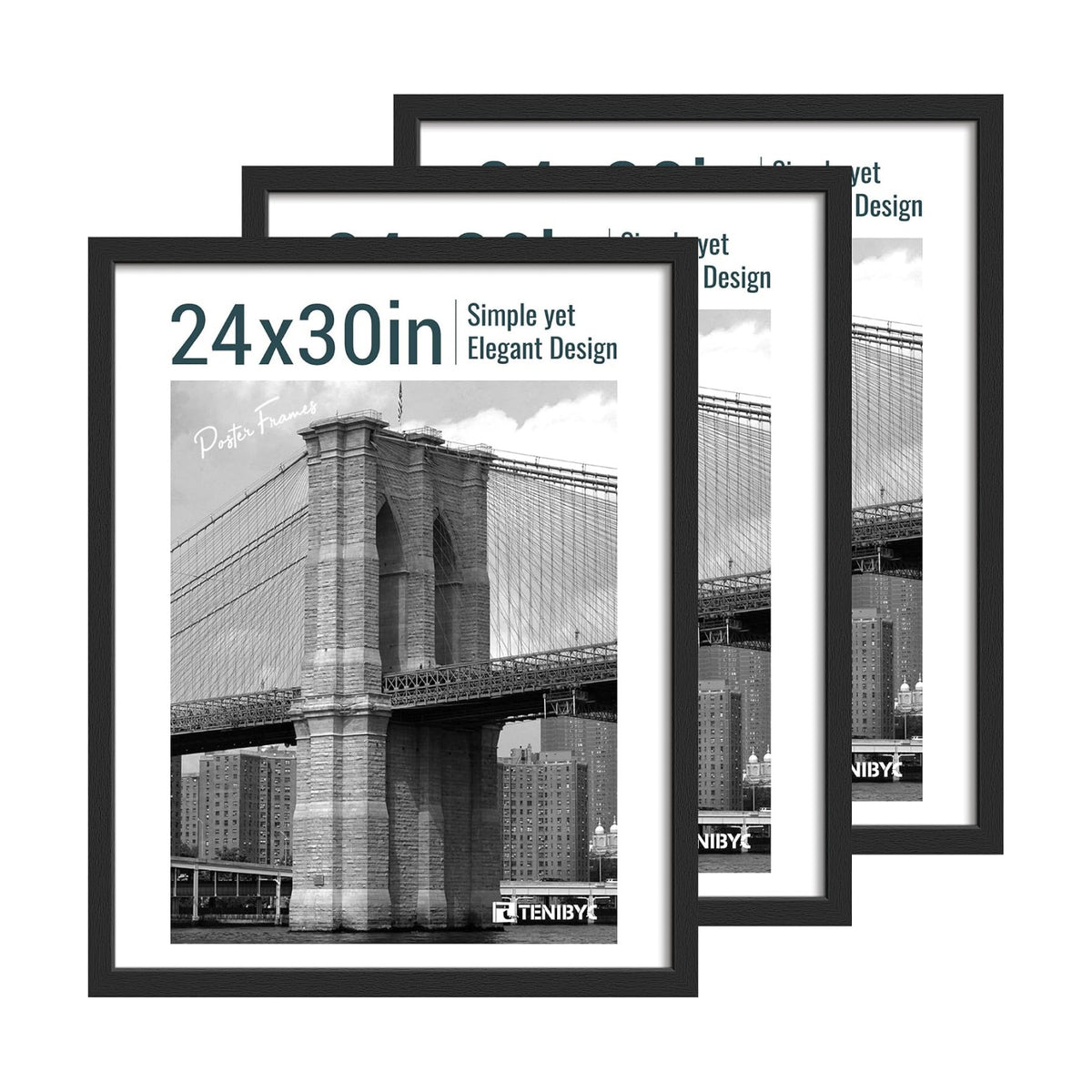 24x30 Picture Frame, Black Wood, 3 Pack, Wall Hanging for Poster | Thick Polished Plexiglass, Museum Poster Frame for