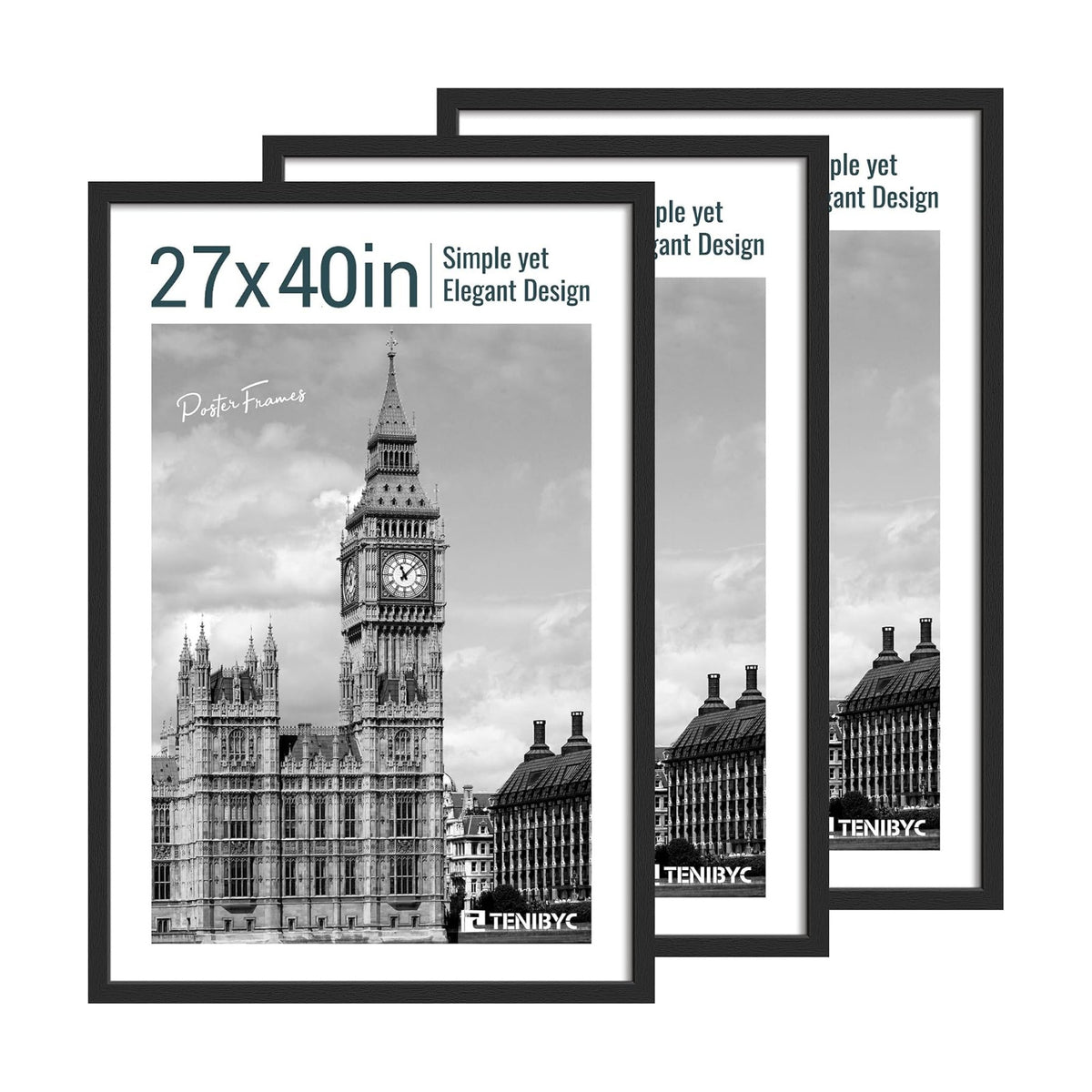 27x40 Poster Frame, Black Wood, 3 Pack, Wall Hanging for Poster | Thick Polished Plexiglass, Large Movie Poster Frame