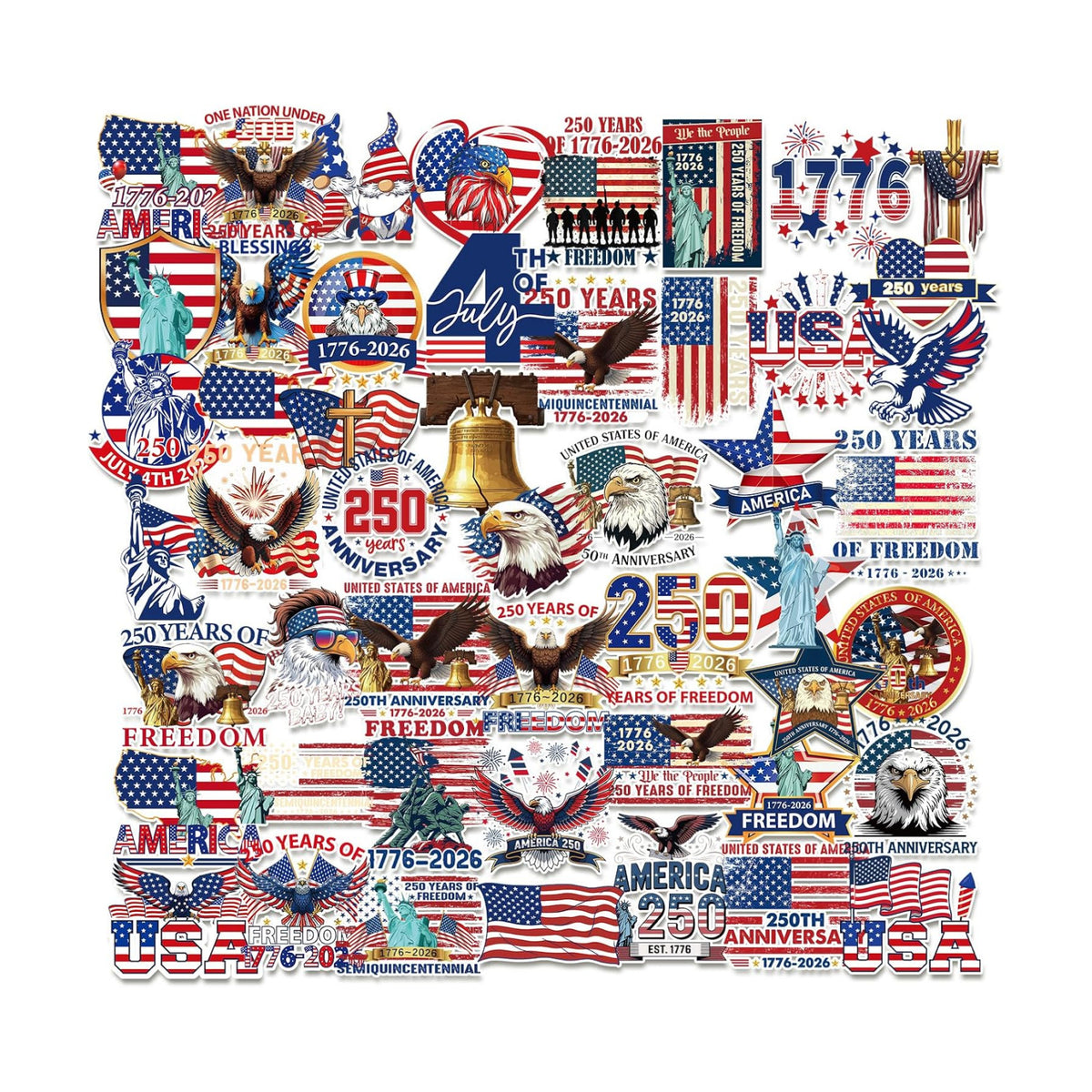 250 Anniversary USA Stickers - 100 Pcs 250th Year Patriotic America Merchandise Decals Bulk for Water Bottle Car Laptop Keyboard Phone American Gifts Favors for 4th of July Independence Day