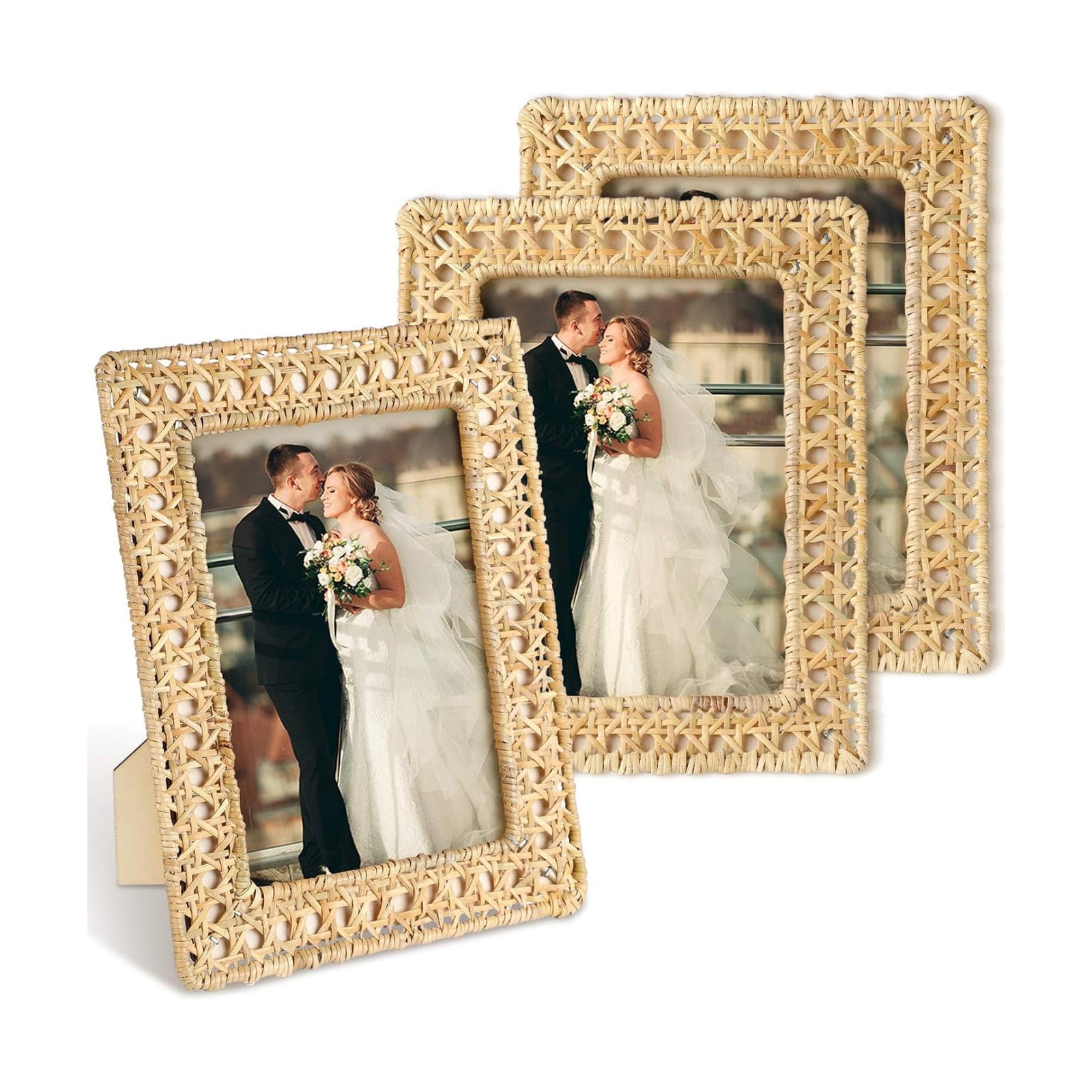 Boho Woven Rattan Picture Frame Set Rustic Wicker Photo Frames / 5 x 7 / Set of 3