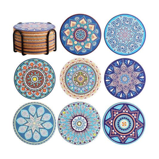 Holder / Colorful Round Cork Coasters for Drinks / Mandala Coasters10 / 4 Inch / Set of 8