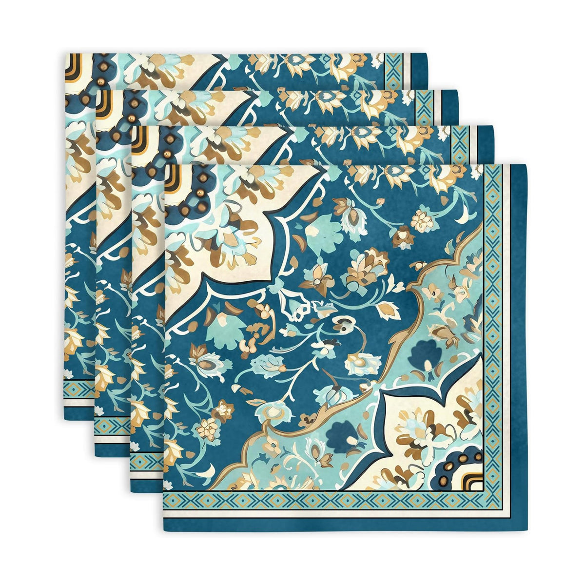 Teal Boho Floral Print Dinner Cloth Napkins Set of 4, 18 x 18 Inch Washable Reusable Fabric Napkins, Gifts for Bohemian Style Lovers, Wedding Bridal Shower Dinner Party Table Decor