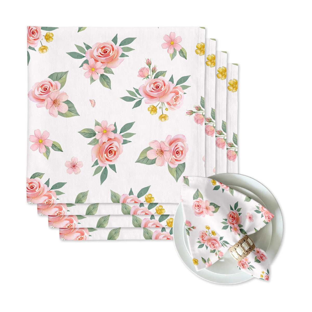 Pink Floral Dinner Cloth Napkins Set of 4, 18 x 18 Inch Washable Reusable Fabric Napkins, Gifts for Flower Lovers, Bridal Shower Wedding Tea Party Table Decor